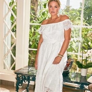 Lilly Pulitzer Geri Off-The-Shoulder Midi Dress Resort White Scalloped Eyelet